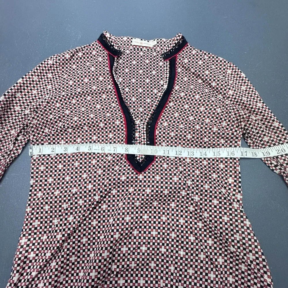 Tory Burch Women's Size 8 Printed Tunic Top Red Black White Long Sleeve Blouse